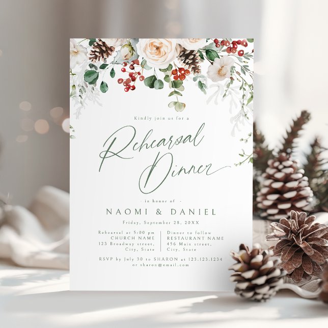 Convites Festive Floral Winter Wedding Rehearsal Dinner (Festive Floral Winter Wedding Rehearsal Dinner Invitation)