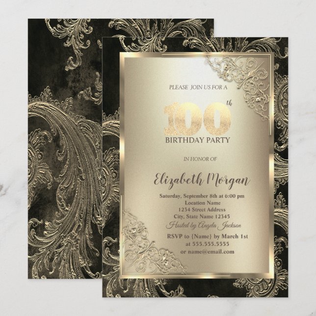 Convites Festive Gold Frame,Floral Damask 100th Birthday (Frente/Verso)
