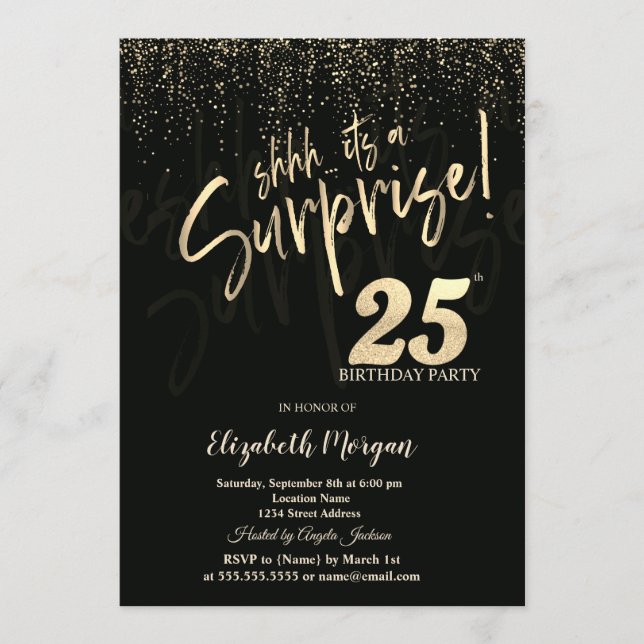 Convites Festive Gold Surprise 25th Birthday Party (Frente)