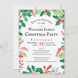 Convites Festive Holly Christmas Red Green Party Invitation