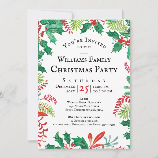 Convites Festive Holly Christmas Red Green Party Invitation (Frente)