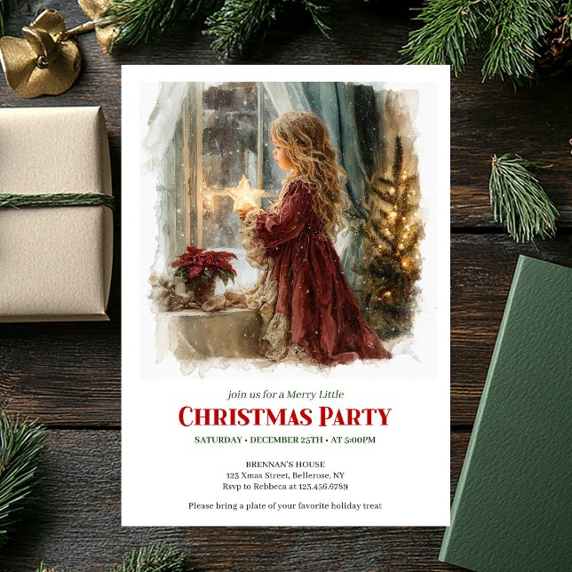 Convites Festive little girl holding shining star printable (Festive little girl holding shining star printable invitation

)