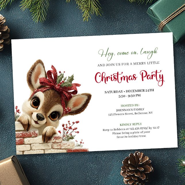 Convites Festive peeking reindeer kids Christmas party  (Festive peeking reindeer kids Christmas party design)