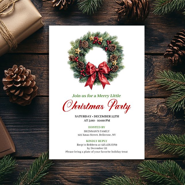 Convites Festive Pine Wreath Christmas Party Editable Card (Festive Pine Wreath Christmas Party Editable Card)