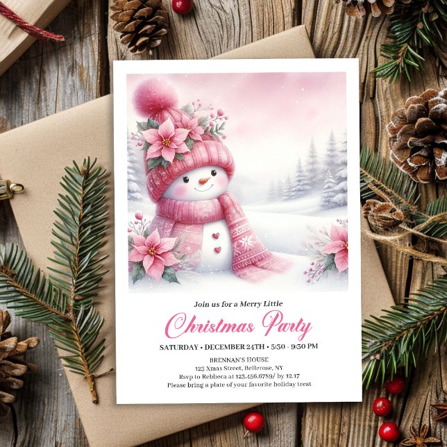 Convites Festive Pink Snowman Kids Christmas Invite Digital (Festive Pink Snowman Kids Christmas Invite Editable File)