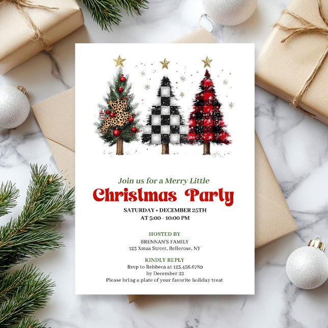 Convites Festive red black buffalo Christmas tree invites (Festive red black buffalo Christmas tree invitation)