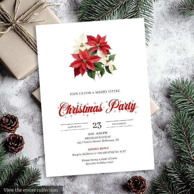 Convites Festive Red Poinsettia Floral Script Font Xmas (Festive Red Poinsettia Floral Script Font Christmas Invitation)