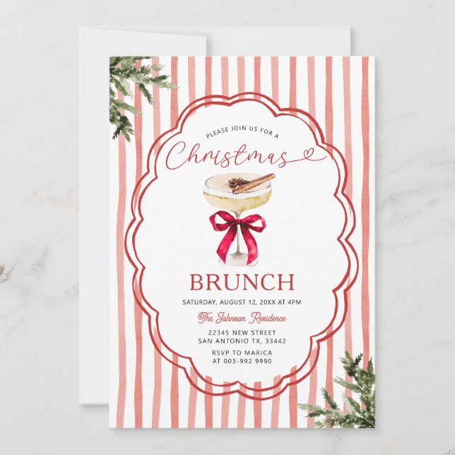 Convites Festive Red Stripe & Holiday Christmas Brunch (Frente)