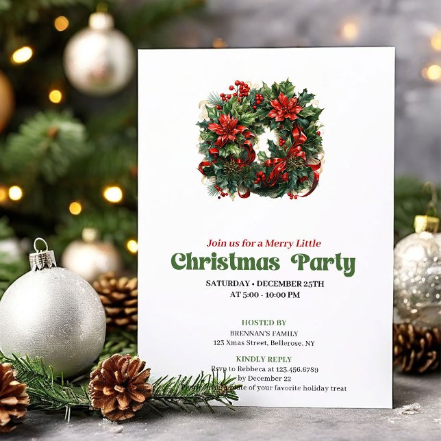 Convites Festive Retro Christmas Wreath Party Invitation (Festive Retro Christmas Angel Party Invitation)