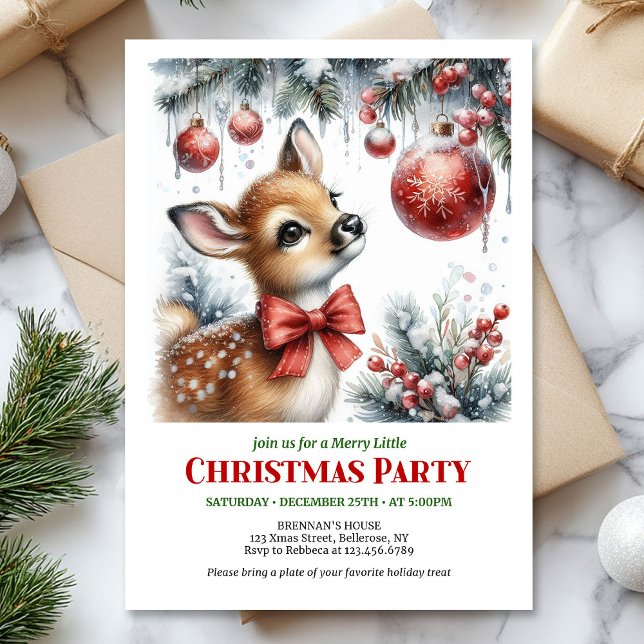 Convites Festive snowy forest baby deer Christmas invite  (Festive snowy forest baby deer Christmas invite editable)