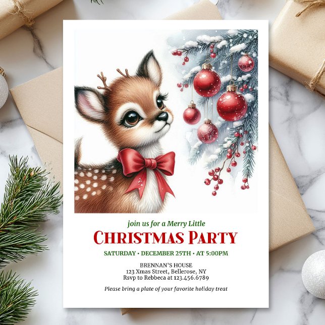 Convites Festive snowy forest baby deer Christmas invites (Festive snowy forest baby deer Christmas invitation printable)