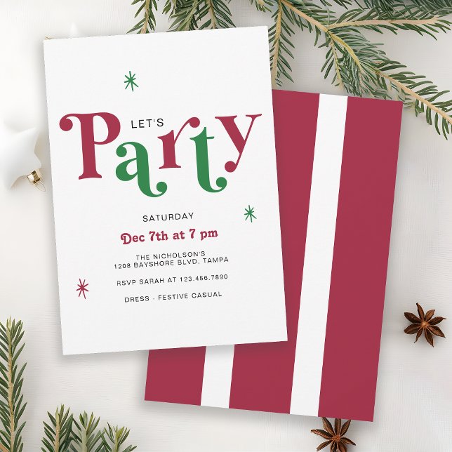 Convites Festive Typography Let's Party Whimsical Holiday (Available in both printed and instant download digital formats.)
