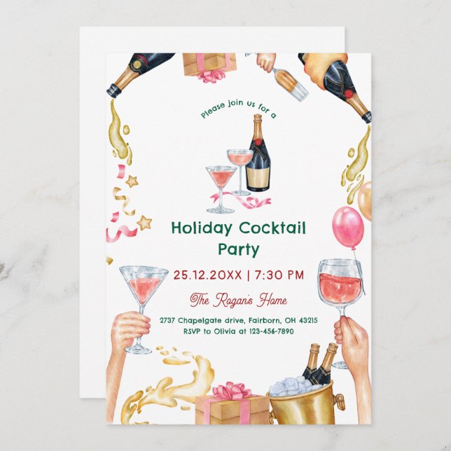 Convites Festive Watercolor Holiday Cocktail Party (Frente/Verso)