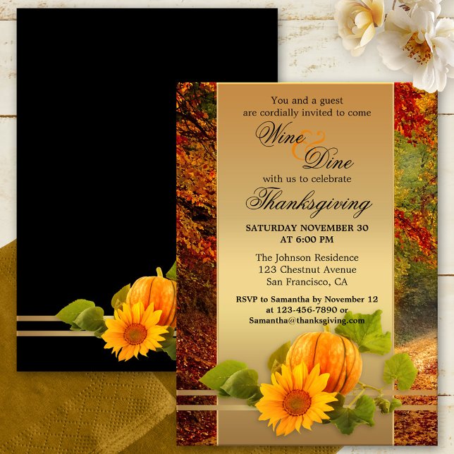 Convites Festivo Ação de Graças ou Fall Jantar Party (Festive Thanksgiving or Fall Celebration dinner party invitation featuring a pumpkin and sunflower )