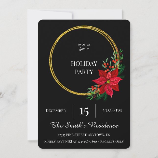 Convites Festivo Black Wreath Holiday Party Elegante (Frente)