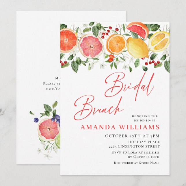 Convites Festivo Bright Floral Citrus Slice Bridal Brunt (Frente/Verso)