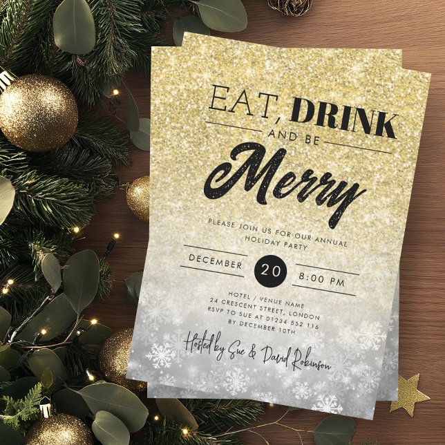 Convites Festivo Coma e Beba Dourado Feriado de Prata Natal (Festive Eat & Drink Gold Silver Holiday Christmas Invitation)