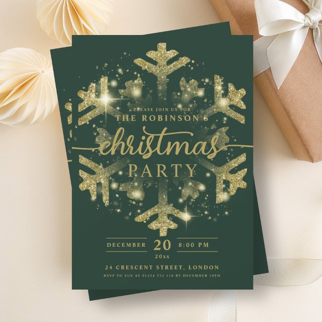 Convites Festivo Dourado Inverno Floco de Neve Verde Natal (Festive Gold Winter Snowflake Christmas Green Invitation)
