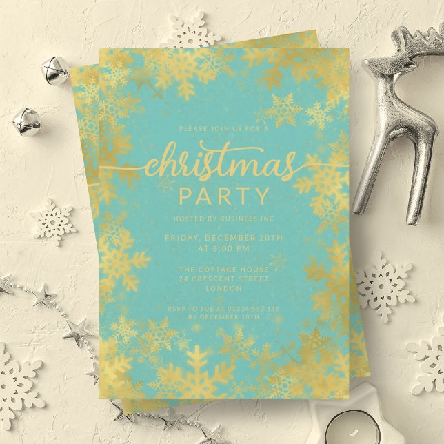 Convites Festivo Dourado Turquesa Foil Flocos de Neve Natal (Festive Gold Turquoise Foil Snowflakes Christmas Invitation)