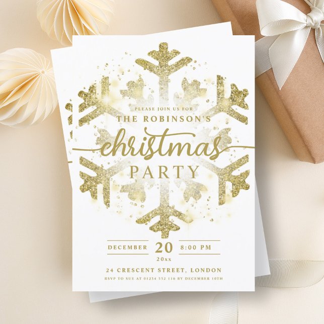 Convites Festivo Dourado Winter Snowflake Festa de Natal (Festive Gold Winter Snowflake Christmas Party Invitation)