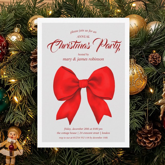 Convites Festivo Festa de Natal do Arco Vermelho (Festive Red Bow Christmas Holiday Party Invitation)