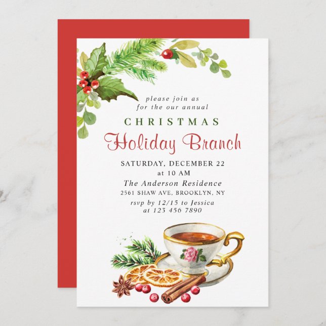 Convites Festivo Holly Berry Foliday Branch (Frente/Verso)