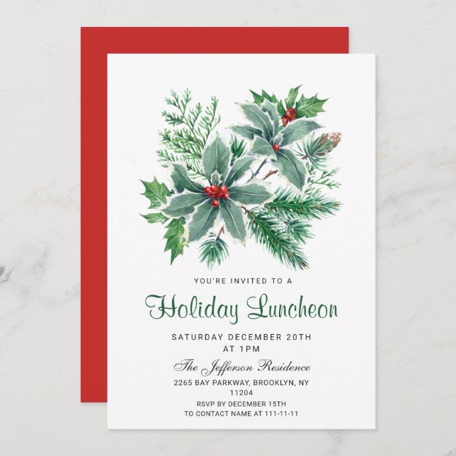 Convites Festivo Holly Berry Natal Lunchee (Frente/Verso)