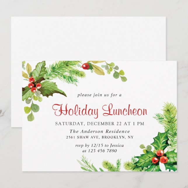 Convites Festivo Holly Berry Natal Lunchee (Frente/Verso)