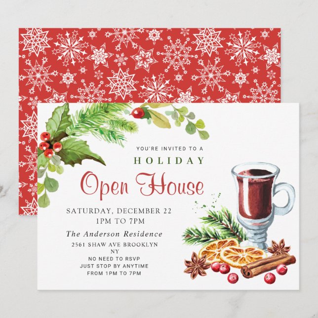 Convites Festivo Holly Berry Natal Open House (Frente/Verso)