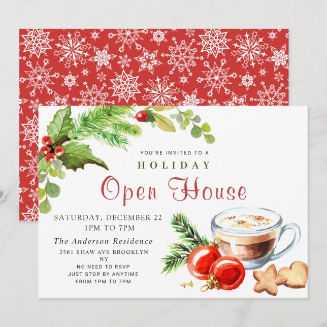 Convites Festivo Holly Berry Natal Open House (Frente/Verso)