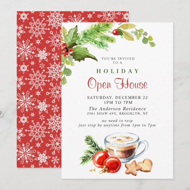 Convites Festivo Holly Berry Natal Open House (Frente/Verso)