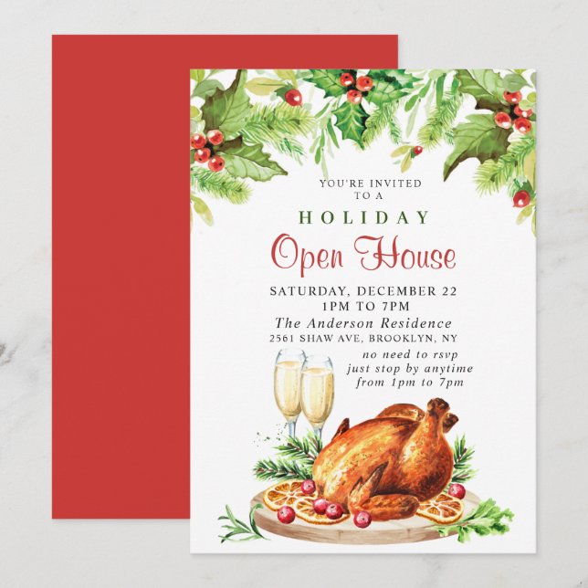 Convites Festivo Holly Berry Natal Open House (Frente/Verso)