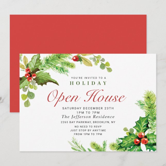 Convites Festivo Holly Berry Natal Open House (Frente/Verso)