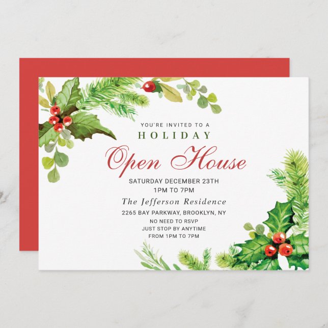 Convites Festivo Holly Berry Natal Open House (Frente/Verso)