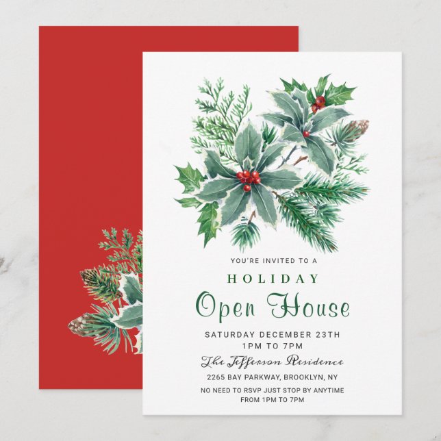 Convites Festivo Holly Berry Natal Open House (Frente/Verso)