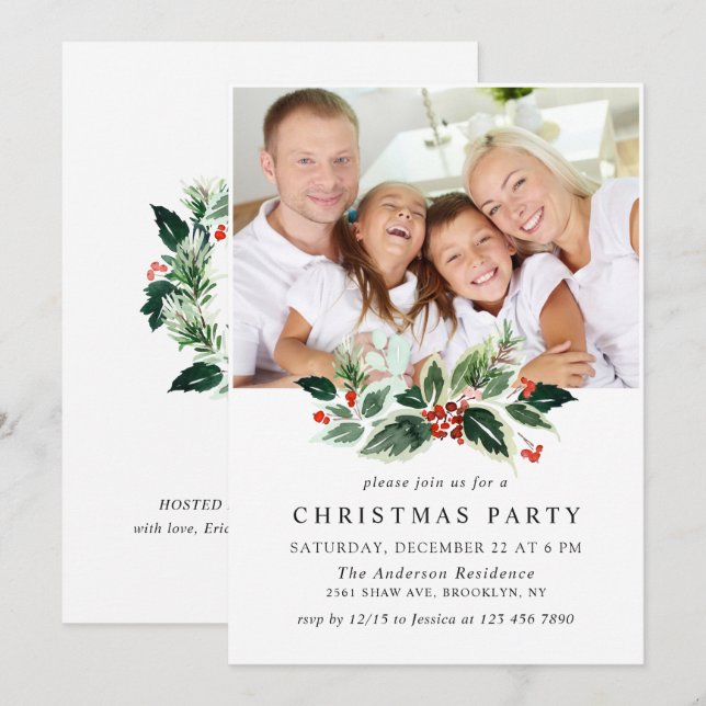 Convites Festivo Holly Berry PHOTO Festa de Natal (Frente/Verso)