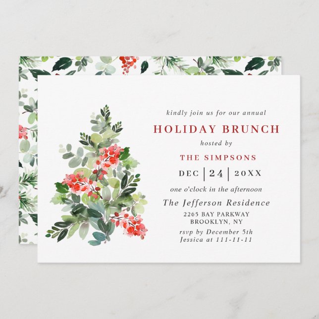 Convites Festivo Holly Berry Tree HOLIDAY BRUNCH NATMAS (Frente/Verso)