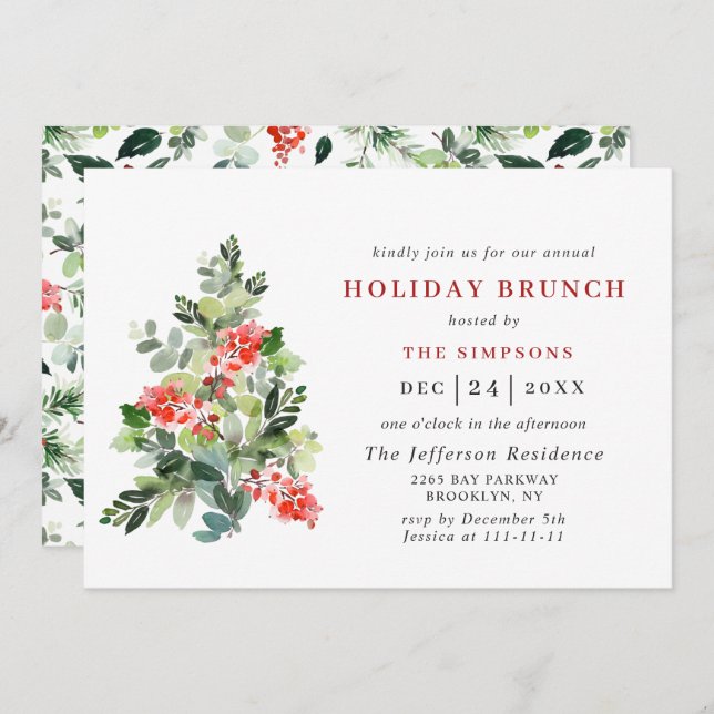 Convites Festivo Holly Berry Tree HOLIDAY BRUNCH NATMAS (Frente/Verso)