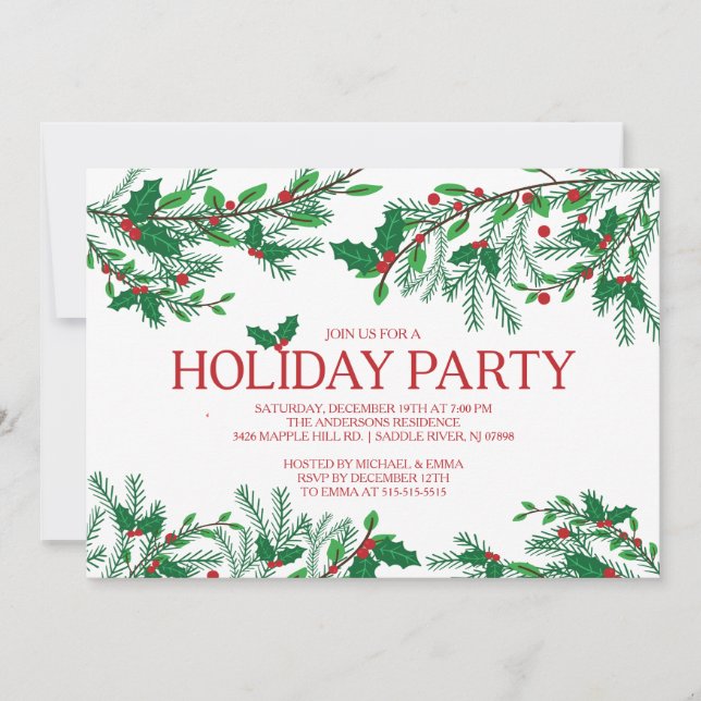 Convites Festivo Holly Holiday Party (Frente)