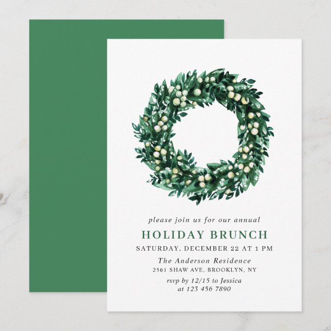 Convites Festivo Holly Wreath Natal HOLIDAY BRUNCH (Frente/Verso)