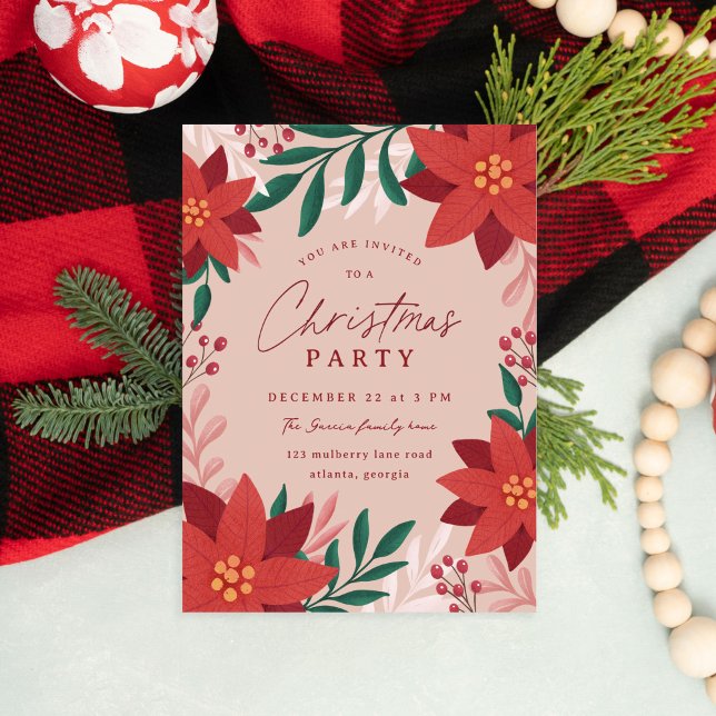 Convites Festivo Poinsettia Flores Festa de Natal (elegant Christmas party invitation with poinsettias and foliage.)