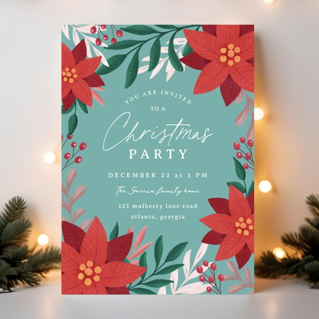 Convites Festivo Poinsettia Flores Festa de Natal (red and blue illustrated Christmas party invitation with florals and botanicals)