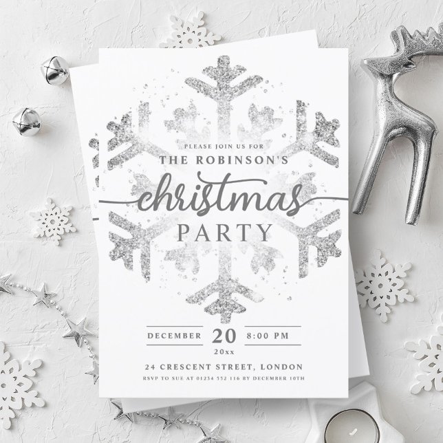 Convites Festivo Prata Winter Snowflake Festa de Natal (Festive Silver Winter Snowflake Christmas Party Invitation)