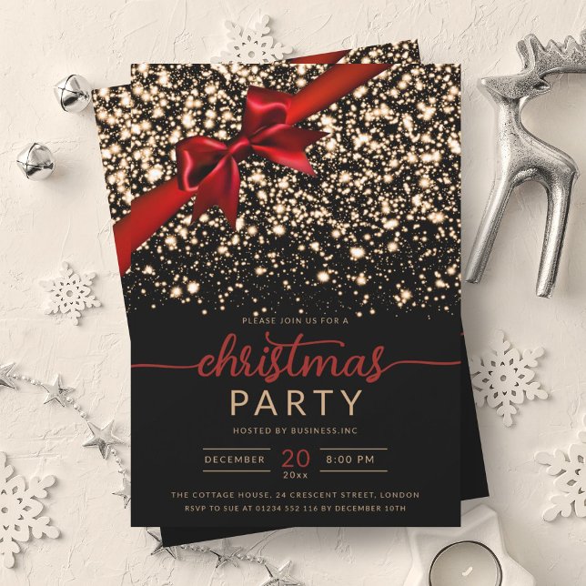 Convites Festivo Red Dourado Winter Shinars Company Xmas (Festive Red Gold Winter Shiny Stars Company Xmas Invitation)