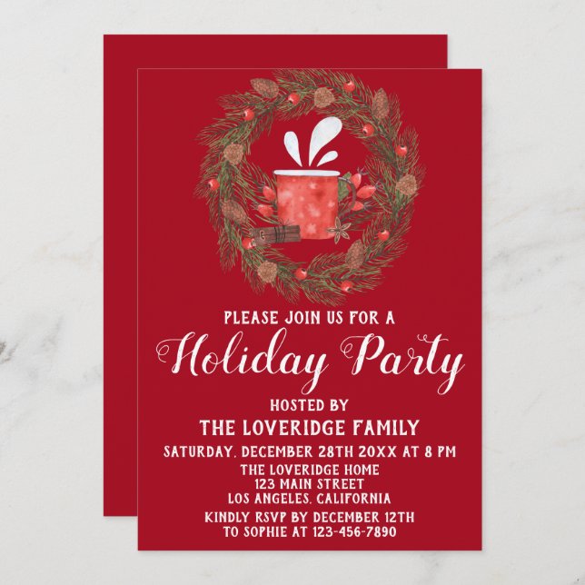 Convites Festivo Red & Green Christmas Wreath Holidy Party (Frente/Verso)
