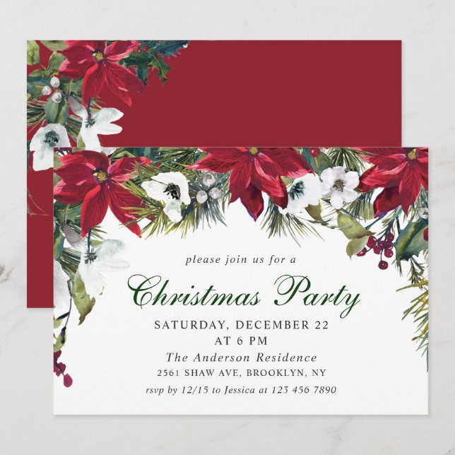 Convites Festivo Red Poinsettia Feriado Festa de Natal (Frente/Verso)