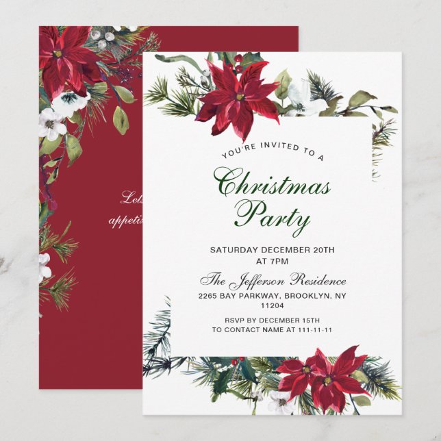 Convites Festivo Red Poinsettia Feriado Festa de Natal (Frente/Verso)