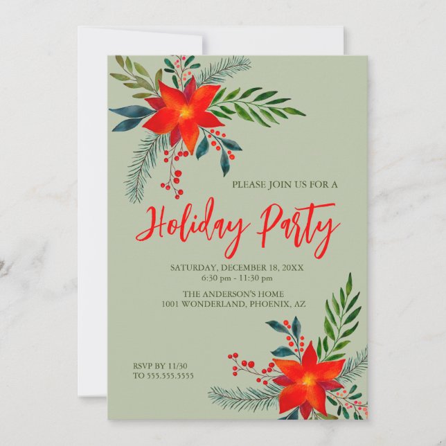 Convites Festivo Red Poinsettia Holiday Party Watercolor (Frente)