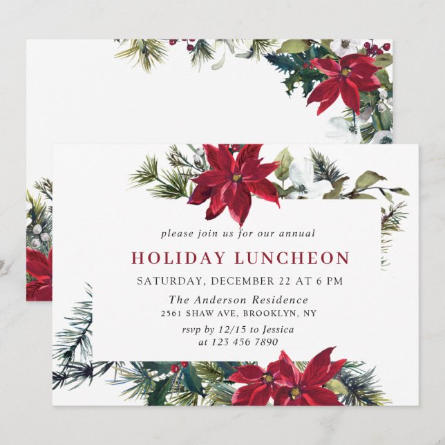 Convites Festivo Red Poinsettia Natal HOLIDAY LUNCHEON (Frente/Verso)