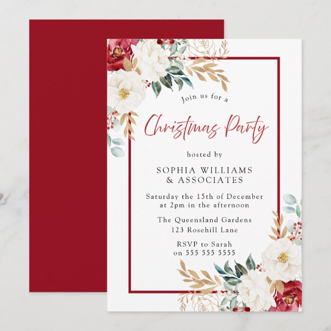 Convites Festivo Red White Floral de Natal (Frente/Verso)
